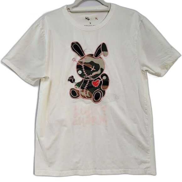 BKYS Off-White & Camou Graphic Lucky Charm T-Shirt Crew Neck Short Sleeve Sz M - Picture 1 of 7